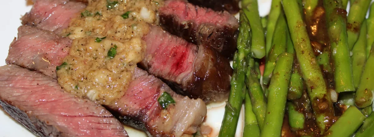 Seared Steak with Spicy Garlic-Miso Butter & Same-Skillet Asparagus